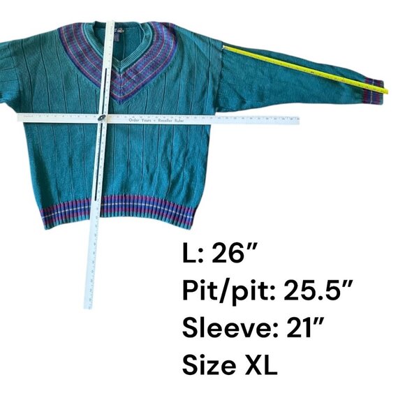 Vintage American Weekend Unisex Green V-Neck Cotton Knit Sweater XL - Picture 7 of 7